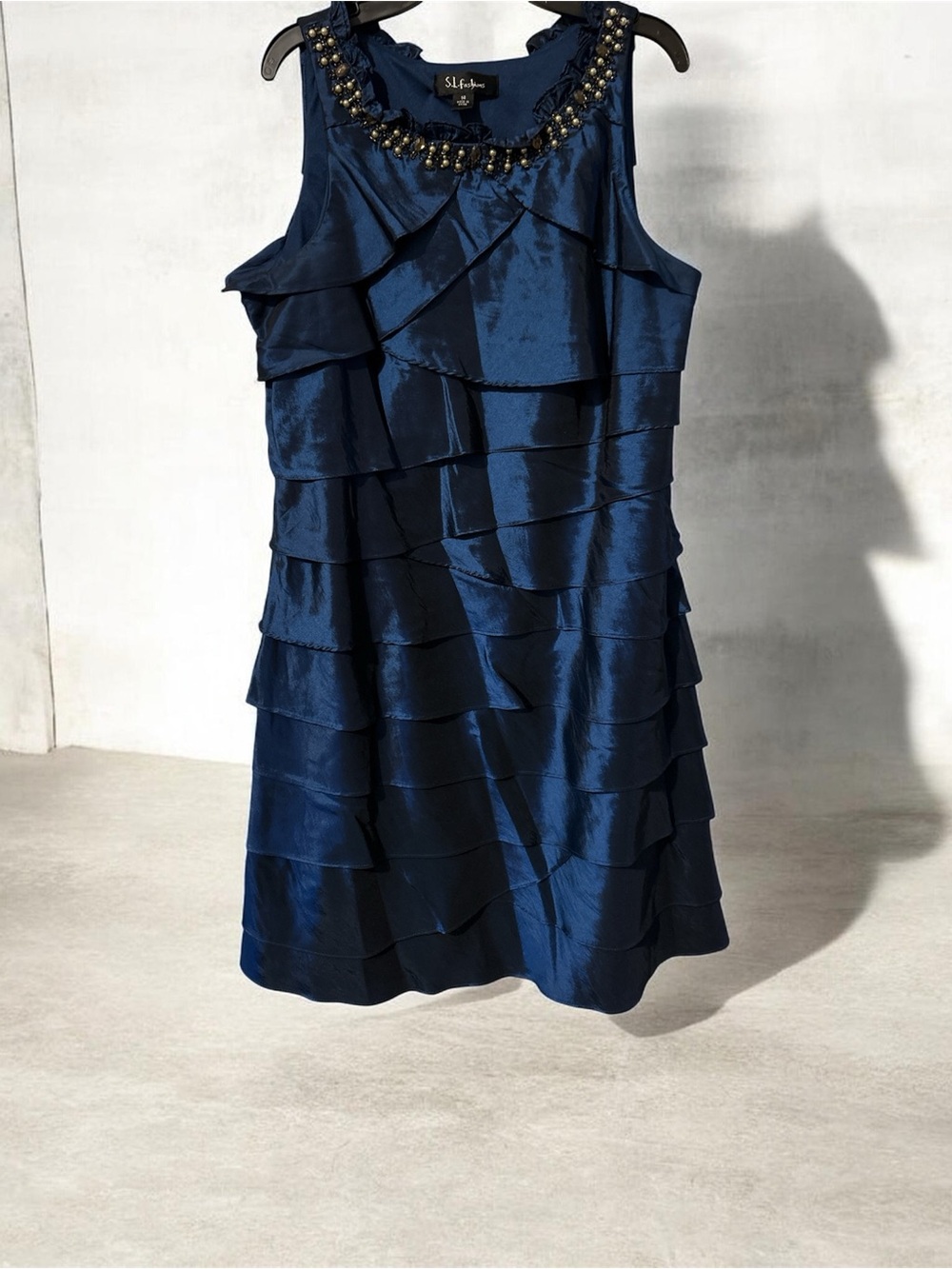 SL Fashions Navy Beaded Neck Tiered Mini Dress